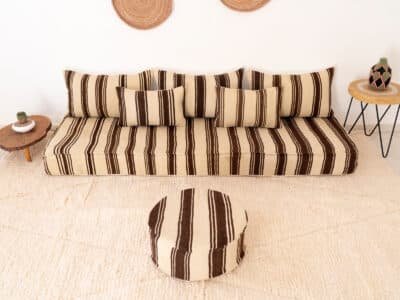 210cm ft 7ft Moroccan Brown Striped Blanket Sofa with Round Pouf - Image 12