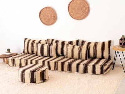 210cm ft 7ft Moroccan Brown Striped Blanket Sofa with Round Pouf