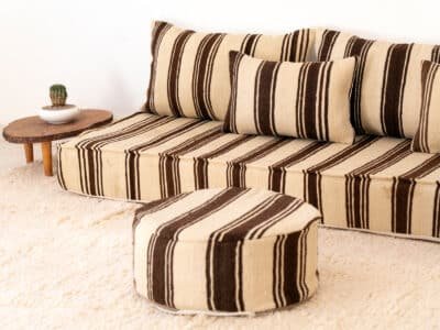 210cm ft 7ft Moroccan Brown Striped Blanket Sofa with Round Pouf - Image 10