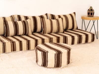 210cm ft 7ft Moroccan Brown Striped Blanket Sofa with Round Pouf - Image 6