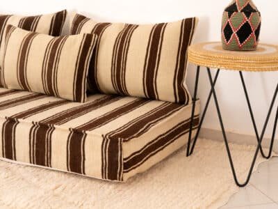 210cm ft 7ft Moroccan Brown Striped Blanket Sofa with Round Pouf - Image 5