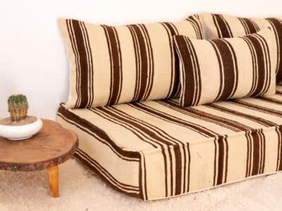 210cm ft 7ft Moroccan Brown Striped Blanket Sofa with Round Pouf - Image 4