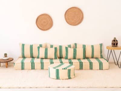 210cm ft 7ft Moroccan Green Striped Blanket Sofa with Round Pouf - Image 12