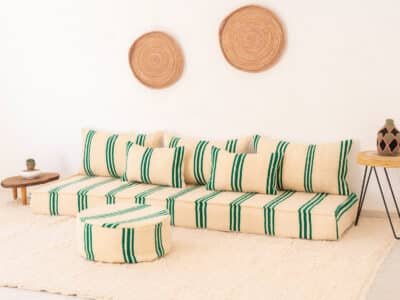 210cm ft 7ft Moroccan Green Striped Blanket Sofa with Round Pouf - Image 11