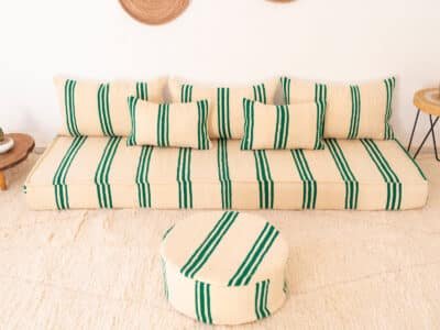 210cm ft 7ft Moroccan Green Striped Blanket Sofa with Round Pouf - Image 10