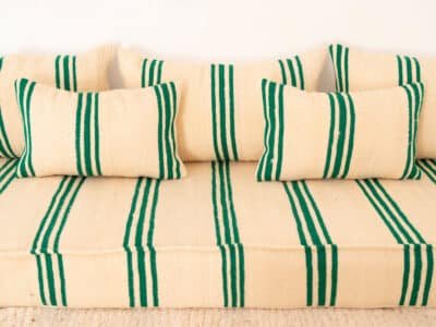 210cm ft 7ft Moroccan Green Striped Blanket Sofa with Round Pouf - Image 7