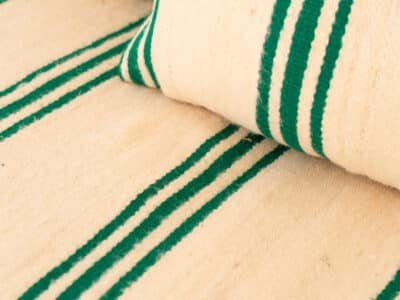 210cm ft 7ft Moroccan Green Striped Blanket Sofa with Round Pouf - Image 6