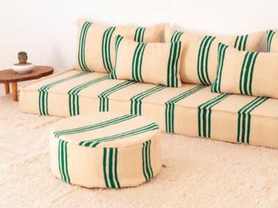 210cm ft 7ft Moroccan Green Striped Blanket Sofa with Round Pouf - Image 5