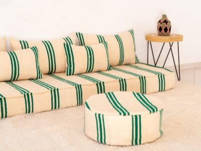 210cm ft 7ft Moroccan Green Striped Blanket Sofa with Round Pouf - Image 4