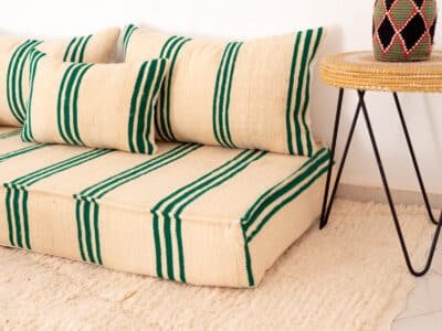 210cm ft 7ft Moroccan Green Striped Blanket Sofa with Round Pouf - Image 3