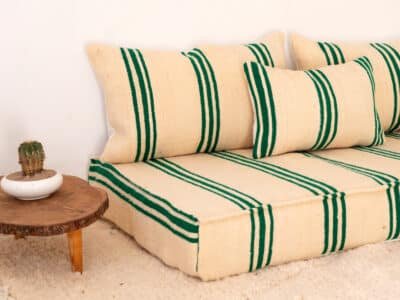 210cm ft 7ft Moroccan Green Striped Blanket Sofa with Round Pouf - Image 2
