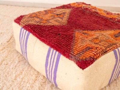 Vintage Red Berber Pouf with Lavender Stripes - Image 5