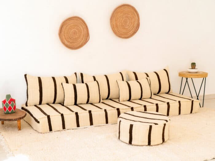 210cm ft 7ft Moroccan Black Striped Blanket Sofa with Round Pouf