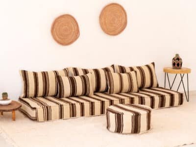210cm ft 7ft Moroccan Brown Striped Blanket Sofa with Round Pouf - Image 2