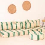 210 cm ft 7 ft Moroccan Green Striped Blanket Sofa with Round Pouf