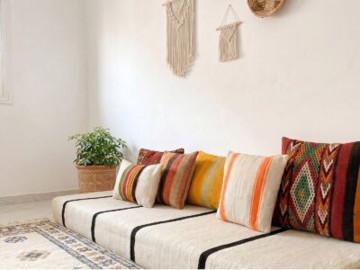 Handwoven Cream & Black Stripe Floor Sofa - Image 7