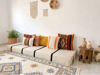 Handwoven Cream & Black Stripe Floor Sofa - Image 2