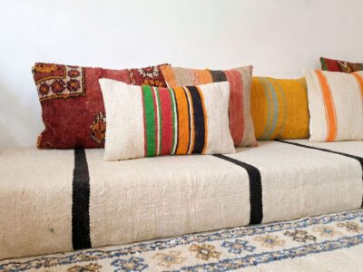 Handwoven Cream & Black Stripe Floor Sofa - Image 6