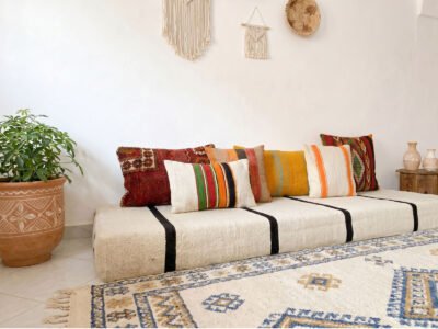 Handwoven Cream & Black Stripe Floor Sofa - Image 3