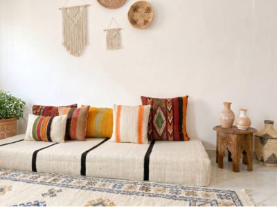 Handwoven Cream & Black Stripe Floor Sofa - Image 5