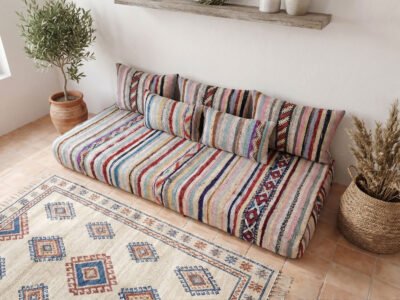 Boucherouite Floor Sofa Set Handwoven Moroccan Kilim Cushions - Image 5