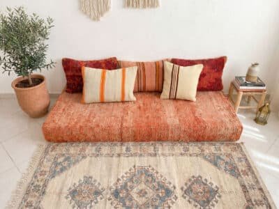 Terracotta Moroccan Floor Cushion with Kilim Throw Pillows - Image 6