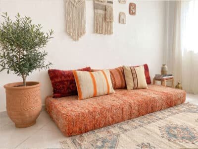 Terracotta Moroccan Floor Cushion with Kilim Throw Pillows - Image 5
