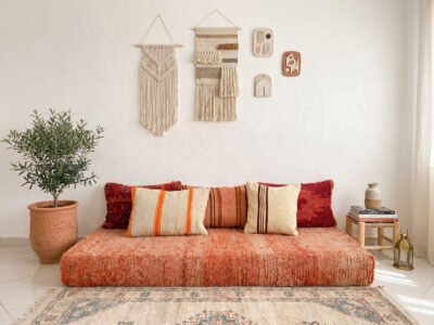 Terracotta Moroccan Floor Cushion with Kilim Throw Pillows