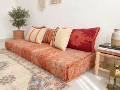 Terracotta Moroccan Floor Cushion with Kilim Throw Pillows - Image 4