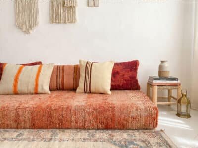 Terracotta Moroccan Floor Cushion with Kilim Throw Pillows - Image 3