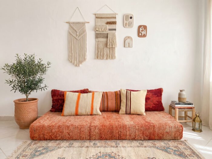 Terracotta Moroccan Floor Cushion with Kilim Throw Pillows