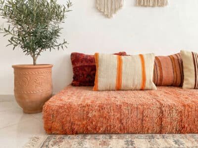 Terracotta Moroccan Floor Cushion with Kilim Throw Pillows - Image 2