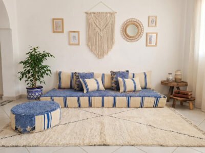 moroccan floor sofa set with cobalt blue stripes and Berber shaggy pile