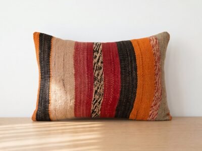 Handwoven Moroccan Kilim Throw Pillow in Burnt Orange Stripes - Image 1