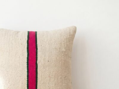 Handwoven Moroccan Stripe Cushion in Natural Ecru and Magenta - Image 2