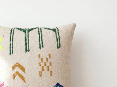Berber Embroidered Throw Pillow in Natural Ecru Linen - Image 2