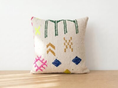 Berber Embroidered Throw Pillow in Natural Ecru Linen - Image 1