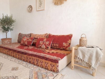 Vintage Boujaad Red Floor Sofa Set – Moroccan Wool Pile - Image 5
