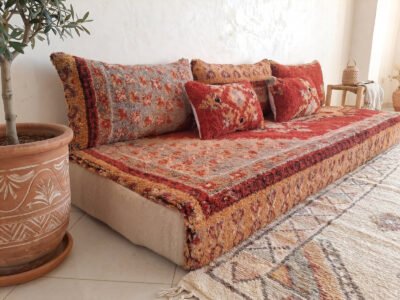 Vintage Boujaad Red Floor Sofa Set – Moroccan Wool Pile - Image 3