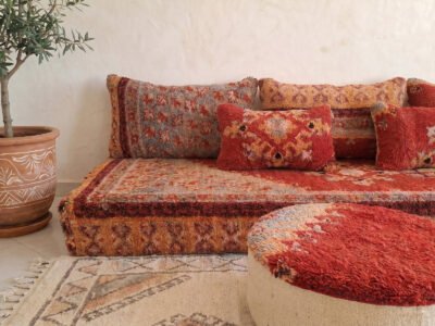 Vintage Boujaad Red Floor Sofa Set – Moroccan Wool Pile - Image 4