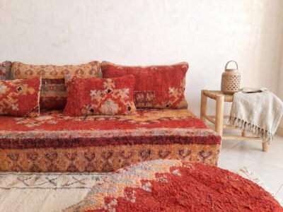 Vintage Boujaad Red Floor Sofa Set – Moroccan Wool Pile - Image 6