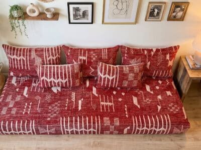 Deep Red Berber Kilim Sofa with Ivory Geometric Motifs - Image 4