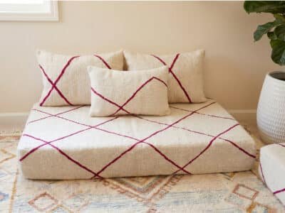 Two Fuchsia Diamond Berber Floor Sofas in Ivory Handwoven Wool - Image 2