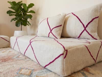 Two Fuchsia Diamond Berber Floor Sofas in Ivory Handwoven Wool - Image 6
