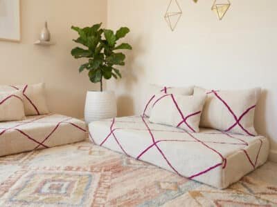 Two Fuchsia Diamond Berber Floor Sofas in Ivory Handwoven Wool - Image 5