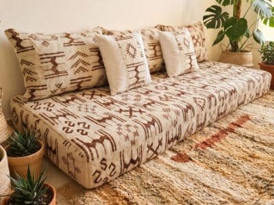 Ivory Azilal floor sofa set with 3 back pillows and 2 white accent pillows – Asala Living