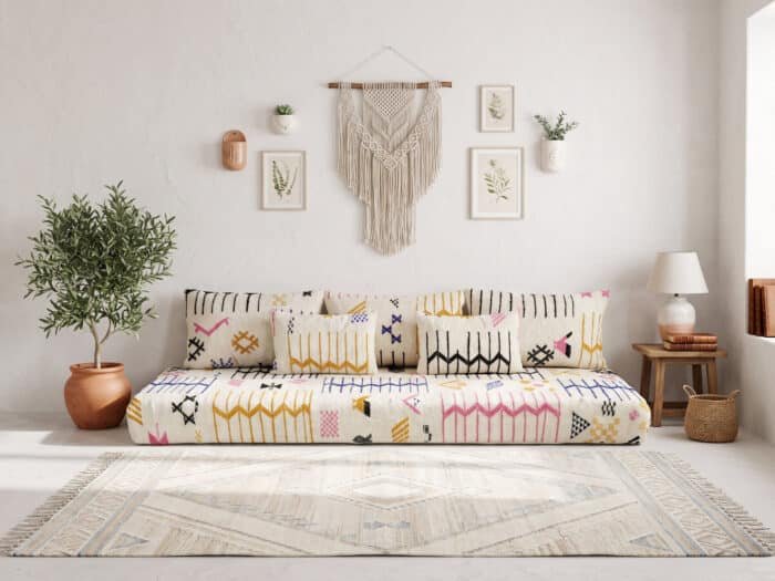 Cream floor sofa with tribal motifs and five cushions in a white Marrakech boho living room