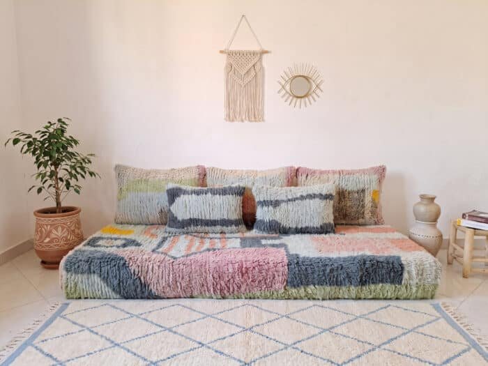 Moroccan Hand-Knotted Floor Sofa Set with Shaggy Cushions