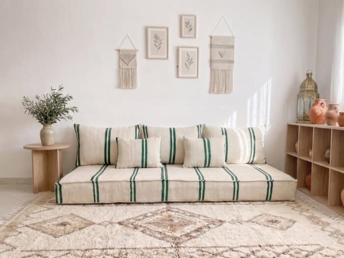 Moroccan Floor Salon Set with Green Stripe Handwoven Cushions
