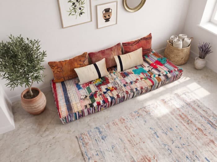 Boucherouite rag floor sofa styled in a bright boho room with olive tree, basket, and gallery wall